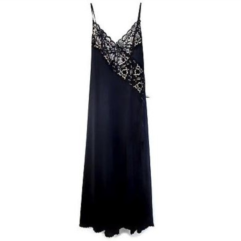 VTG ADONNA SATINY BLACK LACE YOKE LONG NIGHTGOWN